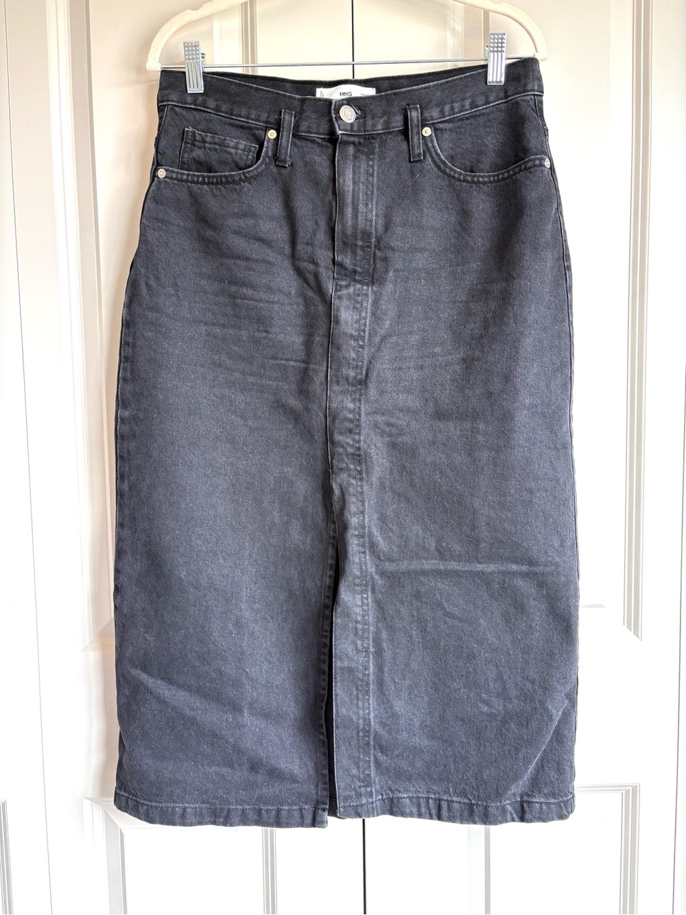 MNG Mango Black Denim Midi Skirt Front Slit Collegiate Academia Size Medium